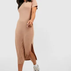 Petite - Robe T-shirt Fendue -Pas Cher Vêtue Diva Magasin gzz46973 camel xl 2