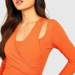 Petite - Robe Longue Côtelée à Découpes -Pas Cher Vêtue Diva Magasin gzz46988 orange xl 3