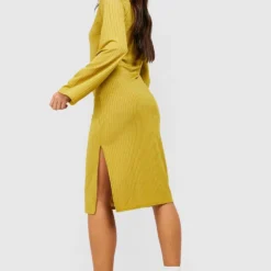 Petite - Robe Côtelée à Col Montant Et Manches évasées -Pas Cher Vêtue Diva Magasin gzz46989 olive xl 1