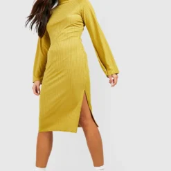 Petite - Robe Côtelée à Col Montant Et Manches évasées -Pas Cher Vêtue Diva Magasin gzz46989 olive xl 2