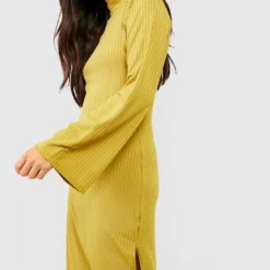 Petite - Robe Côtelée à Col Montant Et Manches évasées -Pas Cher Vêtue Diva Magasin gzz46989 olive xl 3