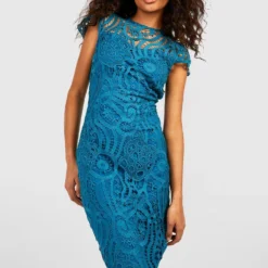 Robe Mi-longue En Dentelle à Mancherons -Pas Cher Vêtue Diva Magasin gzz47006 teal xl 2