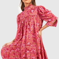 Robe Babydoll à Col Volanté Et Manches Bouffantes