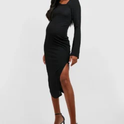 Maternité - Robe De Grossesse Mi-longue Côtelée Asymétrique