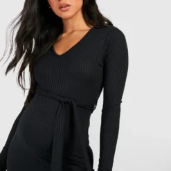 Maternité - Robe De Grossesse Côtelée à Col V -Pas Cher Vêtue Diva Magasin gzz47049 black xl 3