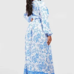 Grande Taille - Robe Longue Cache-cœur Ceinturée Imprimé Porcelaine -Pas Cher Vêtue Diva Magasin gzz47064 blue xl 1