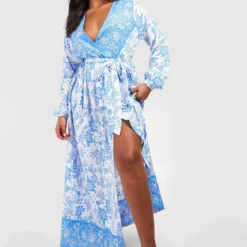 Grande Taille - Robe Longue Cache-cœur Ceinturée Imprimé Porcelaine -Pas Cher Vêtue Diva Magasin gzz47064 blue xl 2