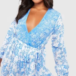 Grande Taille - Robe Longue Cache-cœur Ceinturée Imprimé Porcelaine -Pas Cher Vêtue Diva Magasin gzz47064 blue xl 3