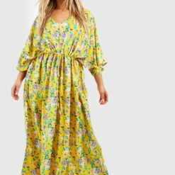Grande Taille - Robe Longue Fleurie à Manches Larges -Pas Cher Vêtue Diva Magasin gzz47065 yellow xl 2