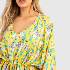 Grande Taille - Robe Longue Fleurie à Manches Larges -Pas Cher Vêtue Diva Magasin gzz47065 yellow xl 3