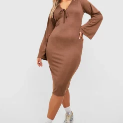 Grande Taille - Robe Mi-longue Côtelée à Manches évasées -Pas Cher Vêtue Diva Magasin gzz47066 chocolate xl 2
