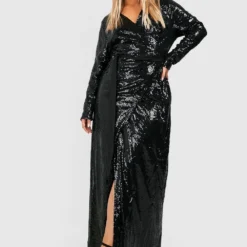 Grande Taille - Robe Portefeuille Longue à Paillettes 8 Grande Taille - Robe Portefeuille Longue à Paillettes -Pas Cher Vêtue Diva Magasin gzz47083 black xl 2