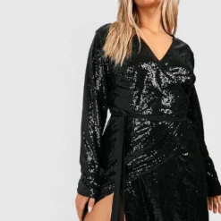 Grande Taille - Robe Portefeuille Longue à Paillettes 9 Grande Taille - Robe Portefeuille Longue à Paillettes -Pas Cher Vêtue Diva Magasin gzz47083 black xl 3