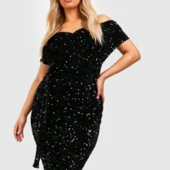 Grande Taille - Robe Portefeuille Pailletée à épaules Dénudées 8 Grande Taille - Robe Portefeuille Pailletée à épaules Dénudées -Pas Cher Vêtue Diva Magasin gzz47112 black xl 2