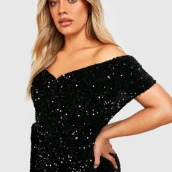 Grande Taille - Robe Portefeuille Pailletée à épaules Dénudées 9 Grande Taille - Robe Portefeuille Pailletée à épaules Dénudées -Pas Cher Vêtue Diva Magasin gzz47112 black xl 3