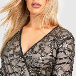 Grande Taille - Robe Portefeuille Pailletée Bicolore 9 Grande Taille - Robe Portefeuille Pailletée Bicolore -Pas Cher Vêtue Diva Magasin gzz47113 black xl 3
