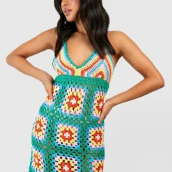 Petite - Robe Courte Premium En Crochet Patchwork -Pas Cher Vêtue Diva Magasin gzz47128 green xl 3