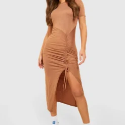 Robe T-shirt Mi-longue Froncée -Pas Cher Vêtue Diva Magasin gzz47211 camel xl 2