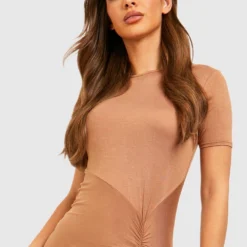 Robe T-shirt Mi-longue Froncée -Pas Cher Vêtue Diva Magasin gzz47211 camel xl 3