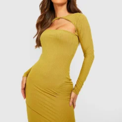 Robe Mi-longue Côtelée à Découpes -Pas Cher Vêtue Diva Magasin gzz47231 olive xl 2