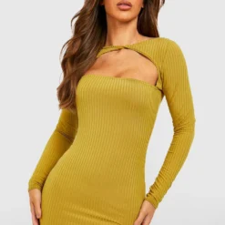 Robe Mi-longue Côtelée à Découpes -Pas Cher Vêtue Diva Magasin gzz47231 olive xl 3
