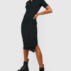 Tall - Robe Mi-longue Côtelée Fendue -Pas Cher Vêtue Diva Magasin gzz47280 black xl 2