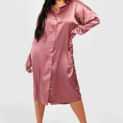 Grande Taille - Robe Chemise Mi-longue Satinée -Pas Cher Vêtue Diva Magasin gzz47334 rose xl 2