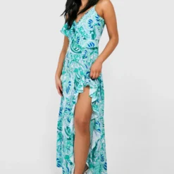 Petite - Robe Longue Croisée Volantée à Imprimé Cachemire