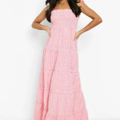 Petite - Robe Longue à Franges Et Imprimé Vichy -Pas Cher Vêtue Diva Magasin gzz47636 pink xl 2