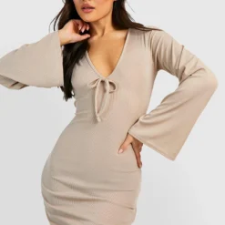 Robe Courte Côtelée à Manches évasées -Pas Cher Vêtue Diva Magasin gzz47978 camel xl 2