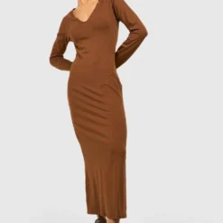 BOOHOO Robe Longue En Coton à Manches Longues -Pas Cher Vêtue Diva Magasin gzz47986 chocolate xl 2