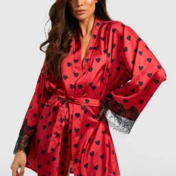 Saint-Valentin - Robe De Chambre Satinée à Dentelle En Cœur -Pas Cher Vêtue Diva Magasin gzz48019 red xl 2