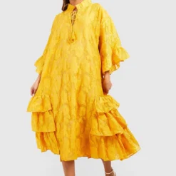 Robe Mi-longue Texturée à Volants -Pas Cher Vêtue Diva Magasin gzz48122 mustard xl 2