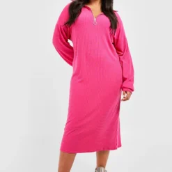 Grande Taille - Robe Zippée Côtelée -Pas Cher Vêtue Diva Magasin gzz48302 pink xl 2