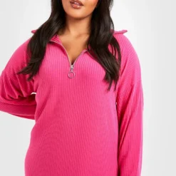 Grande Taille - Robe Zippée Côtelée -Pas Cher Vêtue Diva Magasin gzz48302 pink xl 3