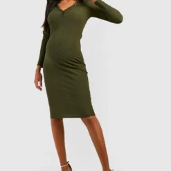 Maternité - Robe De Grossesse Côtelée Boutonnée -Pas Cher Vêtue Diva Magasin gzz48503 khaki xl 2