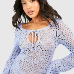 Petite - Robe Courte Fleurie En Crochet à Manches évasées -Pas Cher Vêtue Diva Magasin gzz48584 baby20blue xl 3