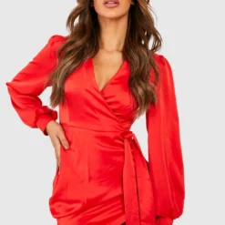 Robe Portefeuille Satinée à Manches Bouffantes -Pas Cher Vêtue Diva Magasin gzz48852 red xl 2
