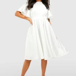 Petite - Robe Mi-longue Satinée à Manches Volantées En Tissu Premium -Pas Cher Vêtue Diva Magasin gzz48916 ivory xl 2 scaled