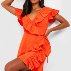 Petite - Robe Portefeuille à Volants -Pas Cher Vêtue Diva Magasin gzz49082 orange xl 2