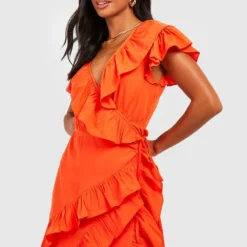 Petite - Robe Portefeuille à Volants -Pas Cher Vêtue Diva Magasin gzz49082 orange xl 3