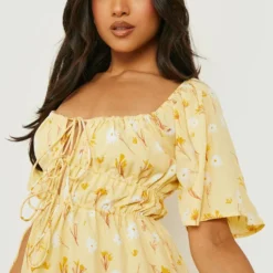 Petite - Robe Patineuse Froncée Fleurie -Pas Cher Vêtue Diva Magasin gzz49279 yellow xl 3