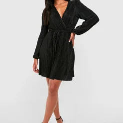 Robe Patineuse Plissée à Manches Tombantes Et Ceinture -Pas Cher Vêtue Diva Magasin gzz49372 black xl 2