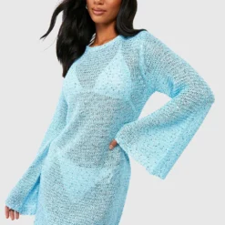 Petite - Robe Courte Pailletée En Crochet à Manches évasées