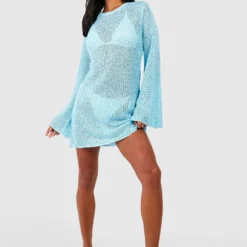 Petite - Robe Courte Pailletée En Crochet à Manches évasées -Pas Cher Vêtue Diva Magasin gzz49609 blue xl 2