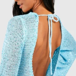 Petite - Robe Courte Pailletée En Crochet à Manches évasées -Pas Cher Vêtue Diva Magasin gzz49609 blue xl 3