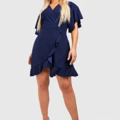 Grande Taille - Robe Portefeuille à Volants Et Manches Chauve-souris -Pas Cher Vêtue Diva Magasin gzz49744 navy xl 2