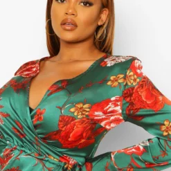 Grande Taille - Robe Portefeuille Fleurie à Volants -Pas Cher Vêtue Diva Magasin gzz49748 green xl 3