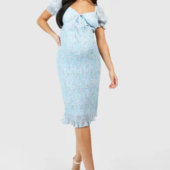 Maternité - Robe Mi Long Froncée à Fleurs -Pas Cher Vêtue Diva Magasin gzz49812 blue xl 2