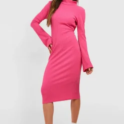 Robe Mi-longue Côtelée à Manches évasées -Pas Cher Vêtue Diva Magasin gzz50270 pink xl 2